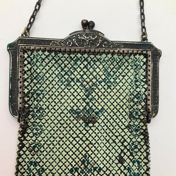 Antique 20's Art Deco Green Chainmail Mesh Evening Bag Handpainted Enamel*Read* - Picture 12 of 14